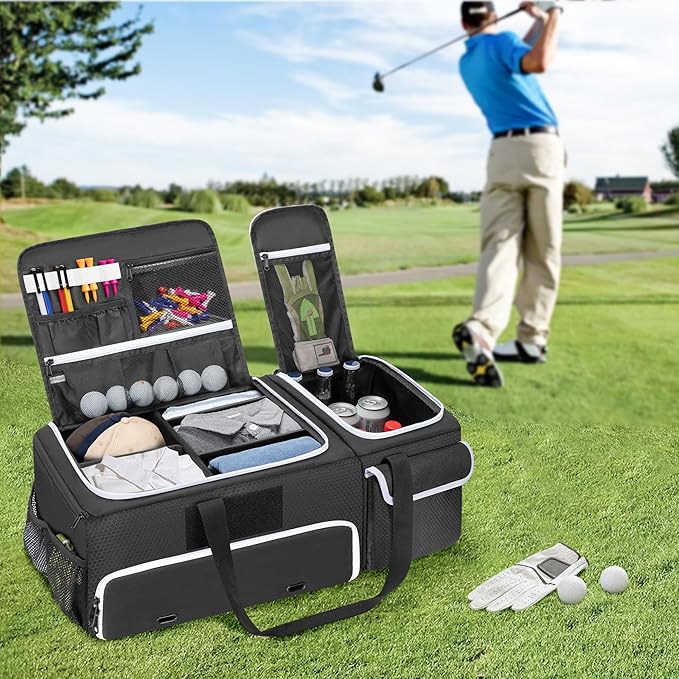 2 Layer Golf Trunk Organizer with Bottom Shoe Space, Golf Car Locker for Men & Women, Holds 2-3 Shoes, Balls, Tees, Cap, Gloves and Clothes (Patenting Design)