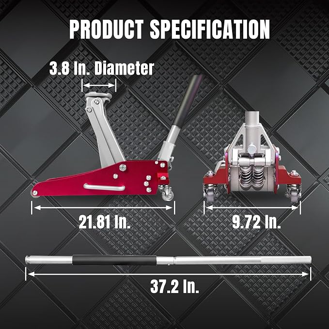 AT815016LR Torin Hydraulic Low Profile Aluminum and Steel Racing Floor Jack with Dual Piston Quick Lift Pump, 1.5 Ton (3,000 lb) Capacity, Red