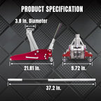 AT815016LR Torin Hydraulic Low Profile Aluminum and Steel Racing Floor Jack with Dual Piston Quick Lift Pump, 1.5 Ton (3,000 lb) Capacity, Red