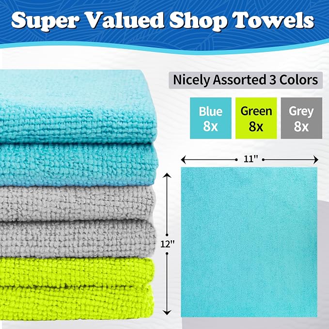 Microfiber Cleaning Cloth, Shop Towels Bulk, 24 Pack Microfiber Towels for Cars, All-Purpose Absorbent Cleaning Rags, Dust Cloth for Automotive, Mechanic, Garage, Bar, 12 x 11 inch