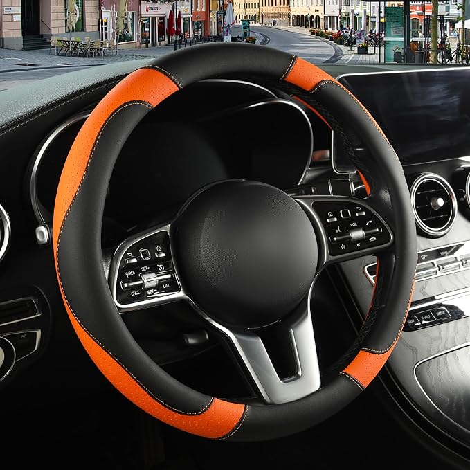 Black Orange Breathable Microfiber Leather Steering Wheel Cover | Breathable Anti Slip Grip Cool Sporty Look Glow for Women Men