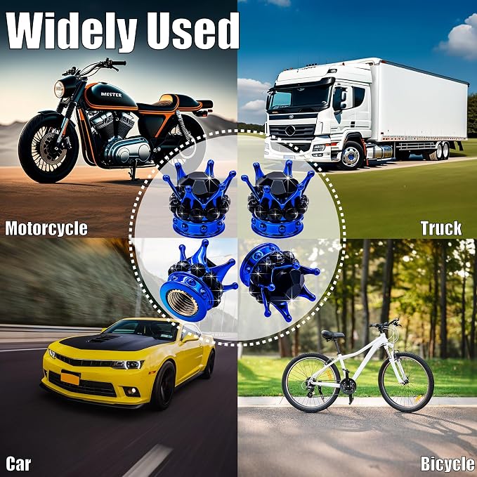 4PCS Crown Bling Tire Stem Valve Caps, Crystal Diamond Car Wheel Tire Valve Caps Universal Copper Core Stem Covers for Cars, SUV, Trucks, Bikes, Motorcycles, Bicycles (Blue & Black)