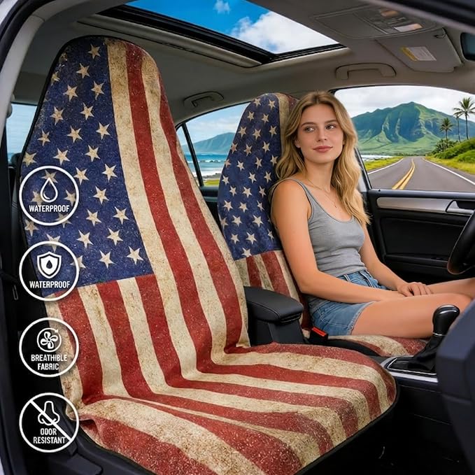 2 Pack American Flag Waterproof Towel Car Seat Covers, Sweatproof Non-Slip Seat Protector, Machine Washable Universal Front Bucket Seat Covers for Cars, SUVs, Gym, Beach, Sports & Pets