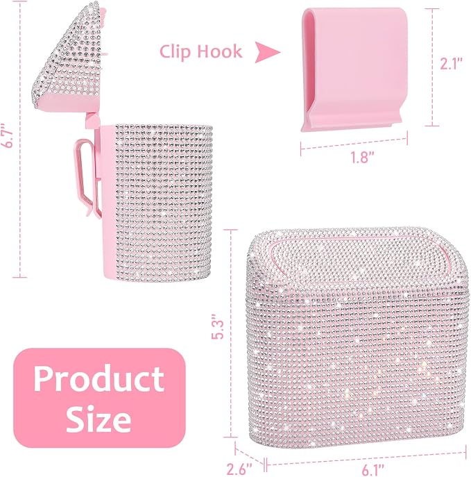 Bling Car Trash Can with Lid, Leakproof Mini Vehicle Trash Bin Automotive Dustbin Organizer Storage, Sparkling Crystal Rhinestone Trash Bag Container with 30pcs Garbage Bags Car Accessories
