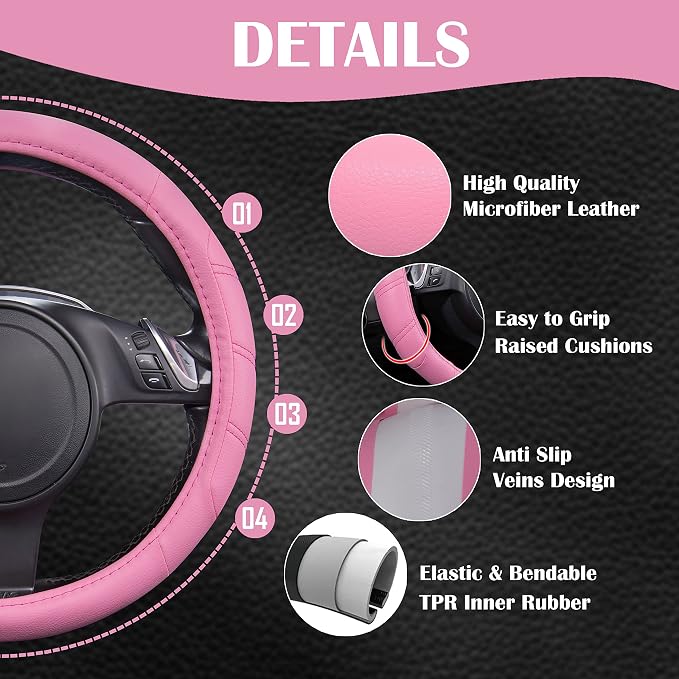 Line Rider Microfiber Leather Sporty 14.5-15 inch Car Steering Wheel Cover Universal Fits for 95% Cars Sedans SUV Trucks, Anti-Slip Safety Comfortable Design (Pure Pink)