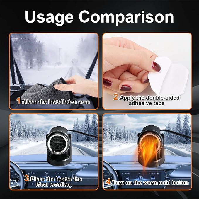 12V 150W Portable Car Heater with Quick-Start Heating, 360-Degree Rotary Defroster and Fast Demisting Cooling Air Purify,Small and portable