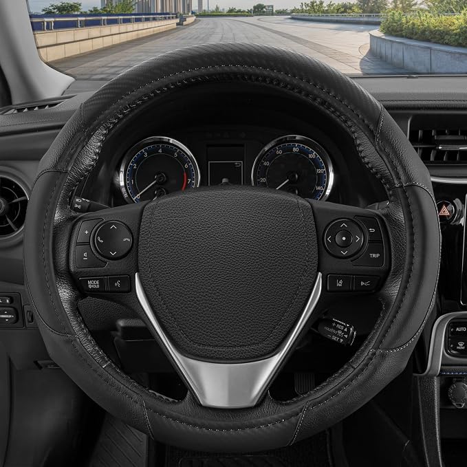 GripDrive Carbon Fiber Steering Wheel Cover, Non-Slip Sporty Racing Faux Leather Ergonomic Comfortable Handle, Steering Wheel Cover for Cars Trucks Vans SUV - Fits Standard 15 Inch - Black