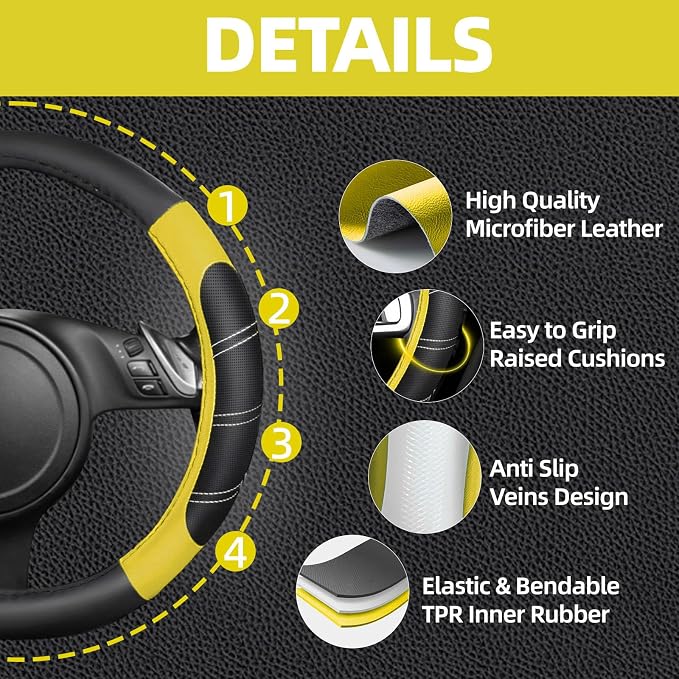 6 Pcs Yellow Car Accessories Set, Sport Leather Steering Wheel Cover 14.5-15inch Universal, Microfiber Leather Car Center Console Cover, Seat Belt Cushion, Cup Holder Coaster (Black-Yellow)
