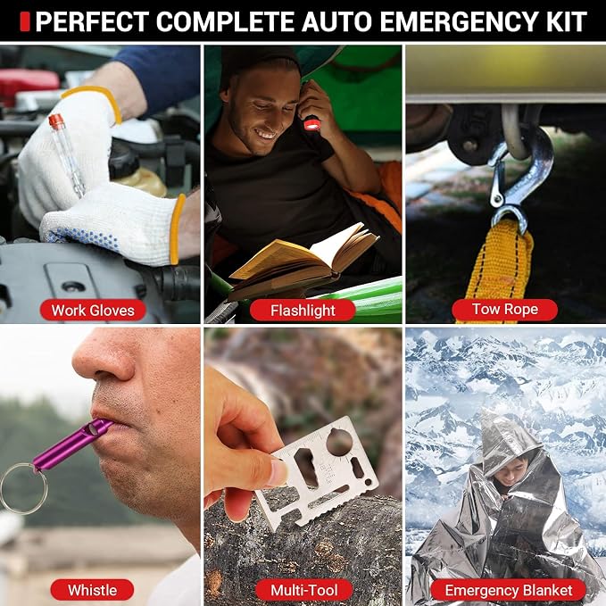 20PCS Car Emergency Kit with Jumper Cables, Roadside Safety Emergency Car Kit for Vehicle Truck Motorcycle - Gifts for Men Women Teenagers, Easy Storage(Black)