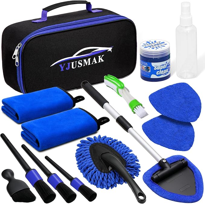 Windshield Cleaning Tool, 13PCS Car Detailing Kit Interior Cleaner, Car Window Cleaner with Extendable Handle, Car Interior Cleaning Kit with Detailing Brushes for Women Men (Blue)