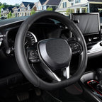D Shaped Steering Wheel Cover for 14.5-15 inch Flat Bottom Wheels, Breathable Perforated Microfiber Leather, Anti-Slip Grip, Universal Fit for Cars & SUVs, Black