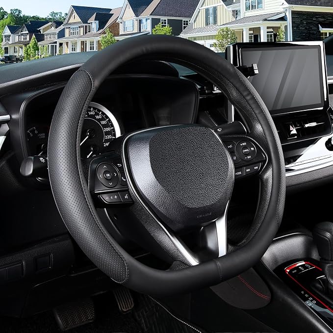 D Shaped Steering Wheel Cover for 14.5-15 inch Flat Bottom Wheels, Breathable Perforated Microfiber Leather, Anti-Slip Grip, Universal Fit for Cars & SUVs, Black