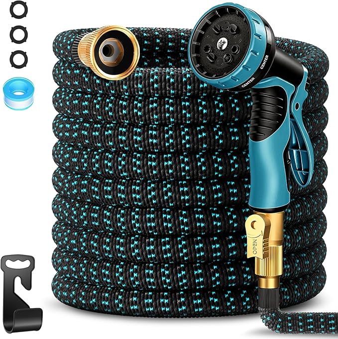 50 ft Expandable Garden Hose-2026 Upgraded Expanding Water Hose with 10 Function Nozzle, 3/4" Solid Brass Fittings, 5-Layer Latex Core, No-Kink Flexible Retractable Hose for Patio, RV, Car Washing