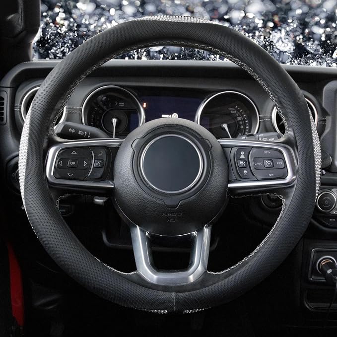 White Crystal Steering Wheel Cover, Sparkly Clear Diamond Breathable Leather Car Protector, Universal 15 Inch Fit for Women Girls, Anti-Slip Comfortable, Silver White