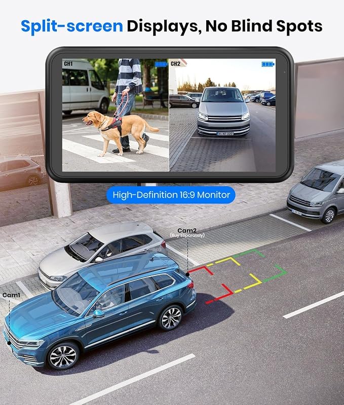 Solar Wireless Backup Camera with 5" 1080P Monitor: 5000mAh Battery 2 Mins DIY Installation & 2 Split Screen Back Up Camera, IP69K Waterproof Reverse Camera for Car, Van, SUV, Truck, Trailer