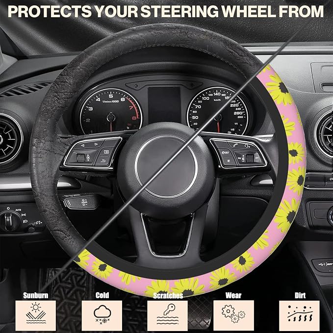 Abstract Sunflower Car Steering Wheel Cover, Non-Slip Absorbing Sweat Car Wheel Cover Accessories for Men Women,Universal 15" Fit Auto SUV Vans Trucks