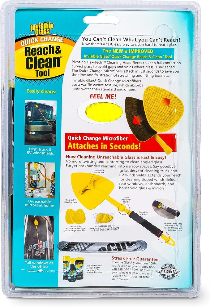 95160 Reach & Clean Windshield Cleaning Tool and Car Window Cleaner Tool for Interior and Exterior Auto Glass, Trucks, SUVs, RVs and Home Windows with 2 Microfiber Pads and Storage Bag