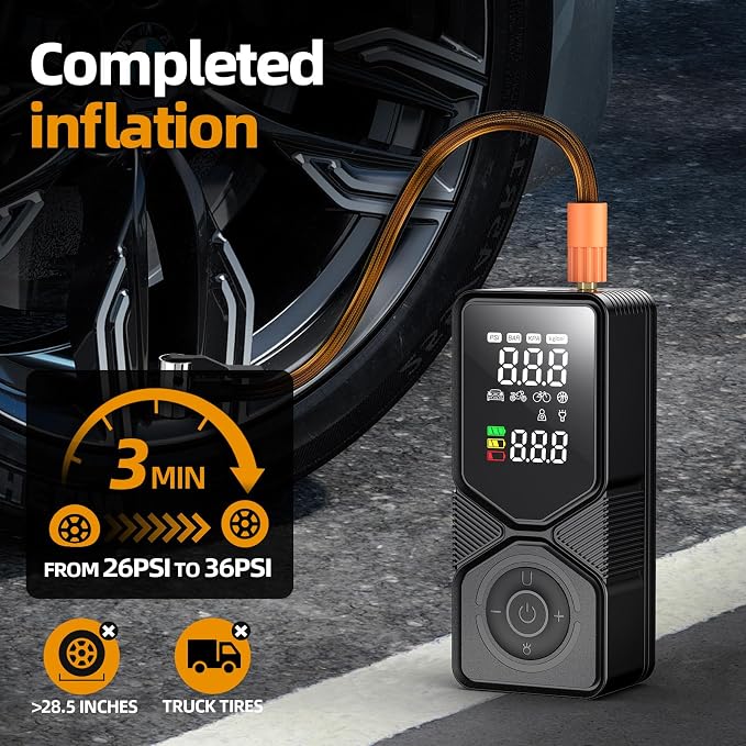 Portable Tire Inflator 150 PSI Cordless Air Compressor | 6000mAh Power Bank, 12V DC Dual Supply, Auto Shut-Off Digital Gauge, Adapters for Car, SUV, Motorcycle, Bike, Ball