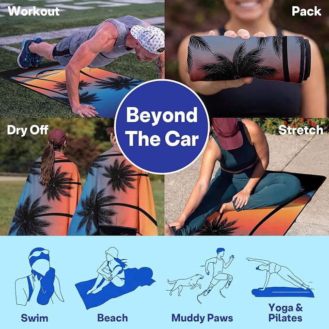 2 Pack Car Seat Towel Covers, Sweat Protector for Front Seats, Premium Thickened Microfiber with Elastic Strap, Breathable Quick Dry, Machine Washable Cover for Gym Running Universal Fit Sunset Beach