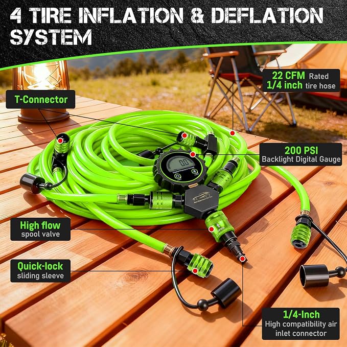 4 Tire Inflation Deflation System W/300PSI Digital Pressure Gauge | Fits up to 200" Wheelbase, Plastic Carry Box & Heavy Duty Hoses, Fits Truck, Car, Trailer, Motorcycle Offroad Vehicles, Green