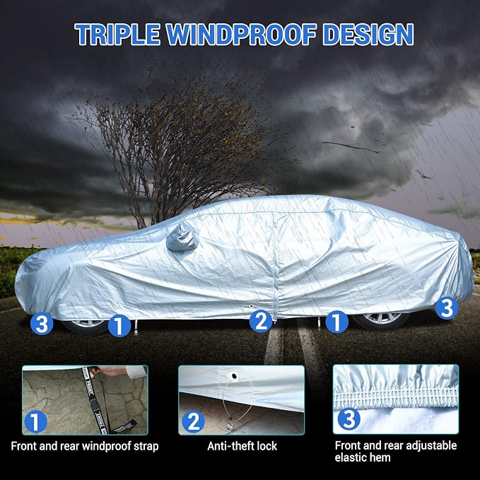 Car Cover Waterproof All Weather, 2023 8 Layers Soft Cotton Fleece Lining Full Exterior Covers with Zipper Door & Lock, Windproof Sun UV Hail Protector Car Cover Fit Sedan 170-190 Inches