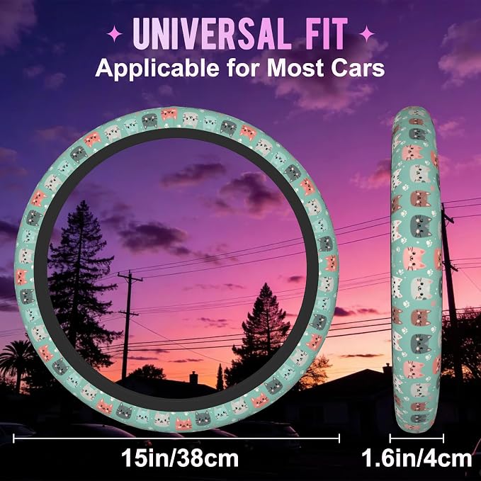 Cute Cat Face Steering Wheel Cover for Women Men Neoprene Breathable Wheel Cover Protector Anti-Slip Car Accessories Universal 15 Inch Fit for Cars Trucks Vehicles
