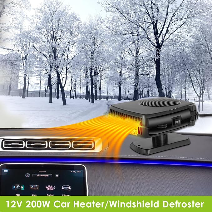 Car Heater, 12V 200W Portable Car Demister Windshield Defogger and Defroster Fast Heating&Cooling Fans with Cigarette Lighter Plug/Ergonomic Handheld/360° Rotary Base for Cars, SUV, Jeeps, Trucks, MPV