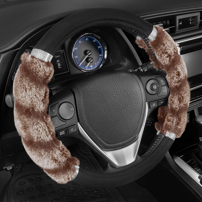 Bear Fur Steering Wheel Cover, Plush Faux Fur Fuzzy Steering Cover for Car Truck Van SUV, Standard Size Fits Wheels 14.5-15 in Diameter, Two Tone Black/Brown with Glitter