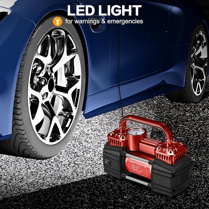 Heavy Duty Tire Inflator 12V Portable Air Compressor Pump 150PSI | 6X Faster Inflation Dual Cylinder Metal Air Pump with Led Light for Car, RV,Pickup Truck, SUV, Van,Camper, Air Bed,Balls