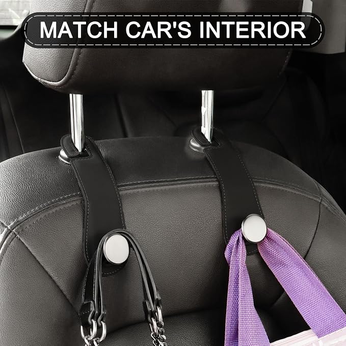 Leather Car Seat Storage Hanger, 2 Pack, Stylish Seat Organizer Hooks for Purses, Bags, Coats, Umbrellas, Black