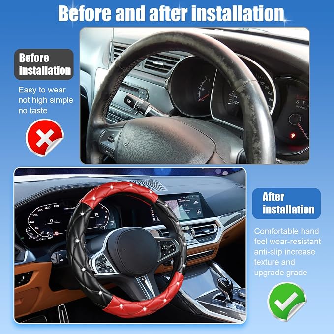 Black and Red Steering Wheel Cover, Auto Diamond Style Cute Bling Comfort Car Interior Accessories Protector Sparkly Fit Most O-Shaped Steering Wheels