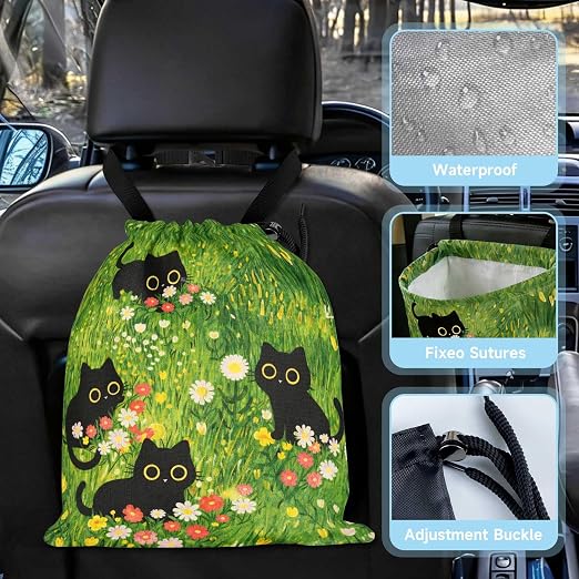 Cute Black Cat Car Trash Bag - Waterproof Car Trash Bag Hanging Leakproof Car Garbage Bag - Washable Reusable Trash Bag for Car Interior Hanging Organizer Storage Vehicle Travelling Camping