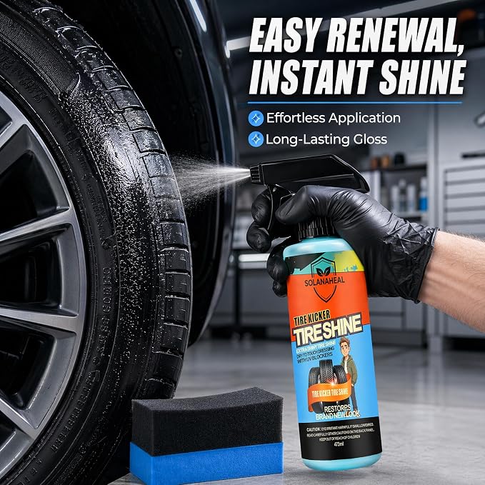 Tire Kicker Tire Shine Spray, Dry-to-Touch Tire Dressing with UV Blockers, High Gloss Tire Shine Kit with Applicator Sponge & Gloves, for Cars, Trucks, SUVs, Motorcycles & RVs