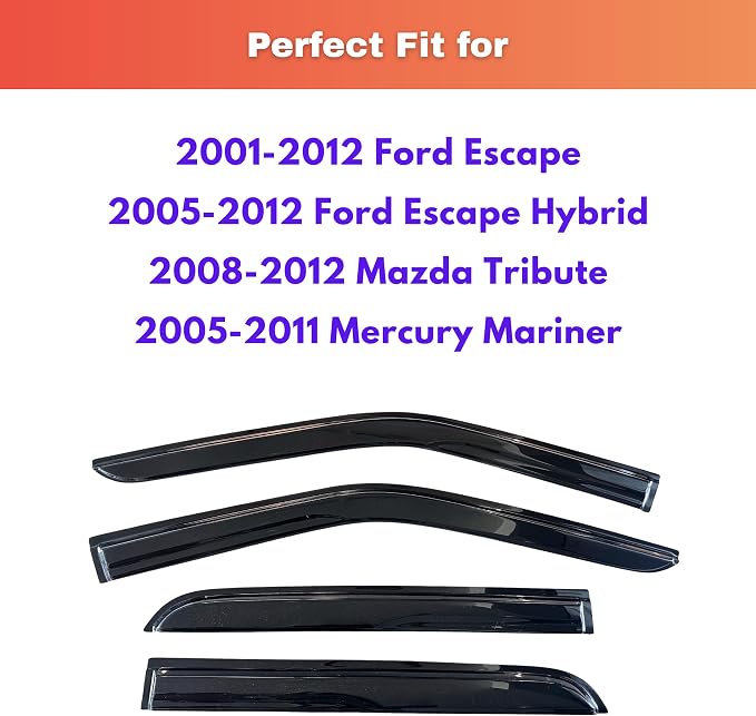 KPY Rain Guards Fit for 2001-2012 Ford Escape & 2005-2012 Ford Escape Hybrid, Out-Channel Window Visors Vent Wind Deflectors 4PC, Car Accessories for 2008-2012 Mazda Tribute, 2005-2011 Mercury Mariner