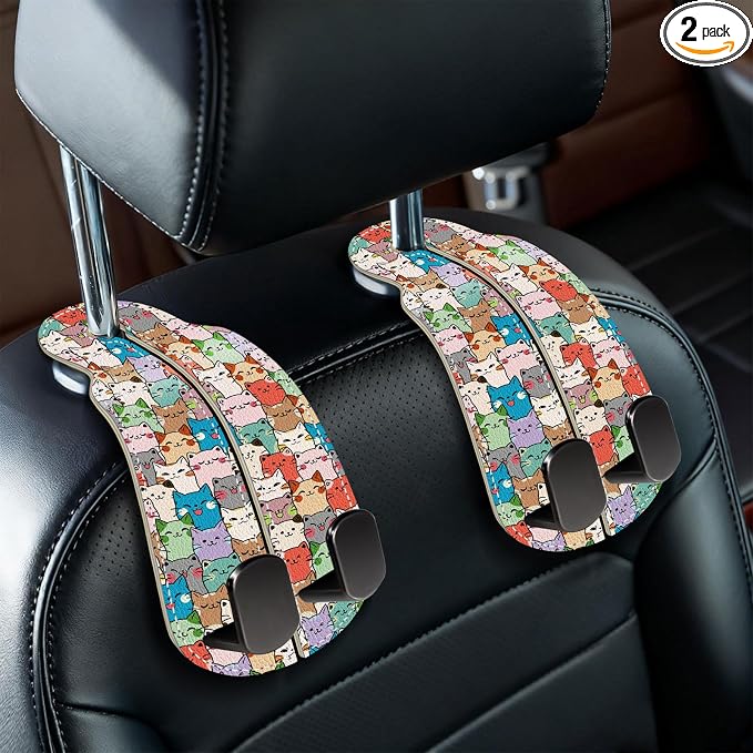 2PCS Car Seat Back Storage Headrest Hooks, Cute Cats Purse Holder Bags Hanger, PU Leather Double Metal Hook for Backseat Organizer, Women Car Accessories Organization