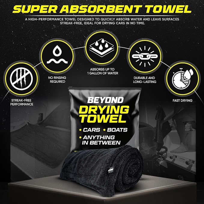 Beyond Drying Towel 1300 GSM - Super Absorbent Large Premium Microfiber Detailing Towel for Cars and Boats - Twisted Loop Microfiber Technology - One-Pass Scratch and Streak Free - 24' x 36' Black