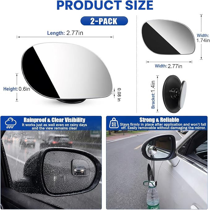 Blind Spot Mirrors 2 Pack, HD Glass Frameless Convex Side Mirror, Wide Angle Adjustable Stick On Blindspot Mirror for Car SUV Trucks, Universal Rear View Mirror Accessories, Oval
