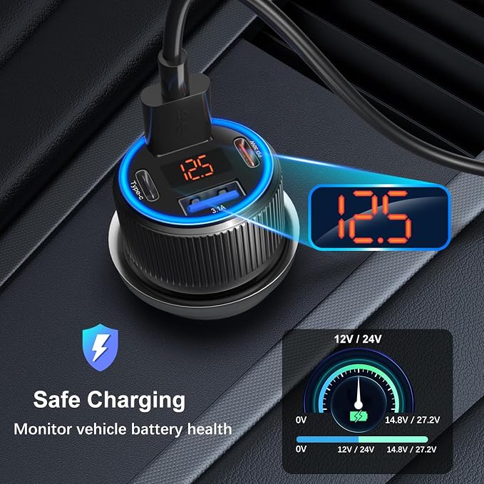 USB C Car Charger 3 Pack, 65W 4 Port Car Power Adapter with Voltmeter PD 30W/QC 3.0 Fast Charging Cigarette Lighter USB Charger Plug for iPhone 16/15/14/13/12/11 Pro Max/Pad,Android(Black)