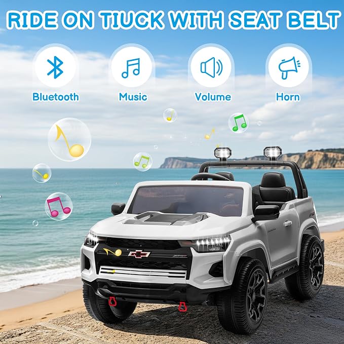 24V Licensed Chevrolet Colorado Electric Car for Kids, Ride on Toys for Toddlers with Remote Control, 2 Seater Electric Car Ride On Vehicle w/Bluetooth, Soft Start, LED Lights - White