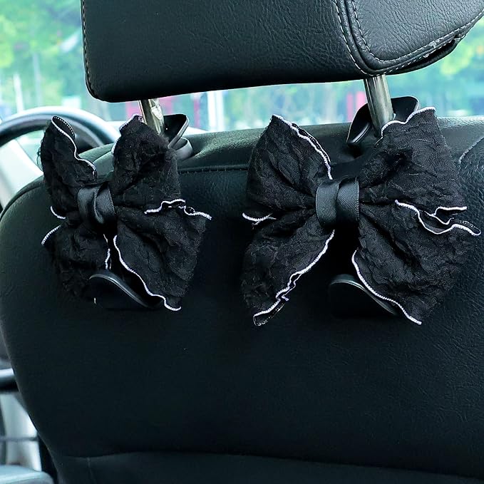 Car Seat Headrest Hook Cute Bowknot Vehicle Hanger Car Storage Organizer for Handbag Purse Coat Grocery Bag Puff Black
