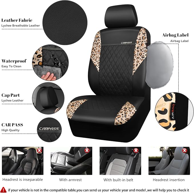 Leopard Print Faux Leather Car Seat Covers & Leopard Car Mats&Leopard Steering Wheel Cover Seat Belt Pad Universal Car Accessories for SUV,Van,Saden,Truck Automobile Interior Sets
