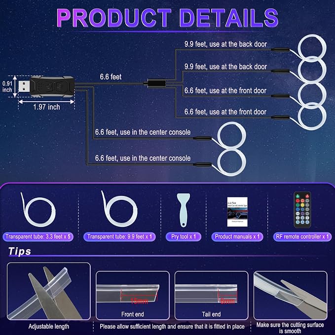 Smart Car LED Interior Lights with USB Port, LED Strip Fiber Optic Lights, Wireless App and Remote Control, Sync to Music, Car Accessories Gifts for Women and Men, 6 in 1