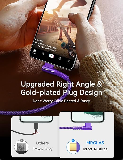 3.2A USB C Charger Cable, [4-Pack,10+6.6+3.3+1.6FT] USB A to USB C Right Angle Gold-Plated Type C Charger Fast Charge Durable Braided Cord for iPhone 17 16 15 Samsung S10 Note 10 S21 LG-Purple