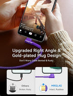 USB A to USB C Cable 3.2A 2-Pack [90°, Gold-Plated] 6.6+6.6FT Type C Charger Right Angle Nylon Braided Fast Charge Cable for iPhone 16 15 Galaxy S10 S9 Plus S21 Note 10 LG - Purple