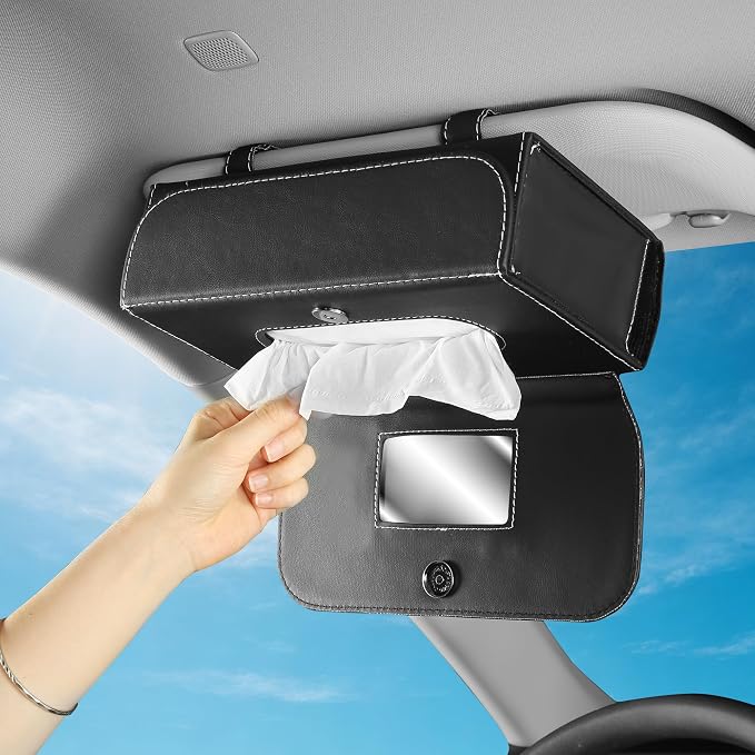 Car Tissue Holder Leather PU Tissues Box Cover for Sun Visor Extra Large Rectangle Napkin Holder Fits for Various Tissue Sizes Soft Tissues Storage & Organization