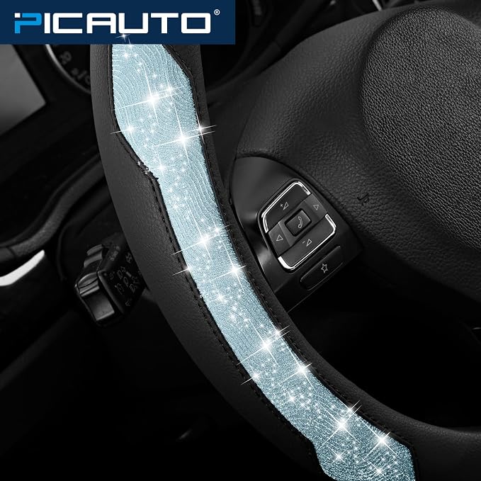 Steering Wheel Cover, Light Blue Sparkly Crystal Bling Glitter with Leather, Universal Fit 14.5"-15.5" Steering Wheels for Girls & Women, Anti-Slip Wheels Cover for Cars, Trucks, Van, SUVs