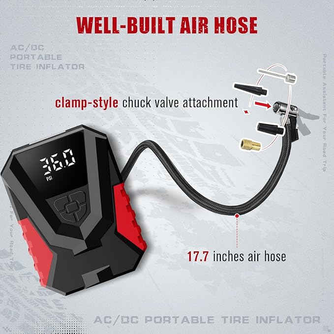 Tire Inflator Portable Air Compressor AC/DC, Automatic Tire Inflator with Gauge, 12V, 110V Small Air Compressor, Portable Air pump for Car Tires, Bikes, Motorcycles, Small inflatables