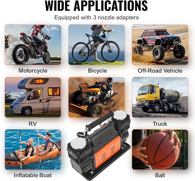 10.6 CFM Heavy Duty Air Compressor, 30s Fast Inflation | Dual-Cylinder Portable Tire Inflator, 12V 150PSI Offroad Air Pump with Adapters for Trucks Car SUV 4 x 4 Vehicle RV