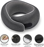WANDER+ Plus® Travel Pillow, 100% Pure Memory Foam Travel Neck Pillow Airplane Neck Support Ergonomic Design Best for Sleeping Plane Car Train Office Flight for Adults Ash Grey