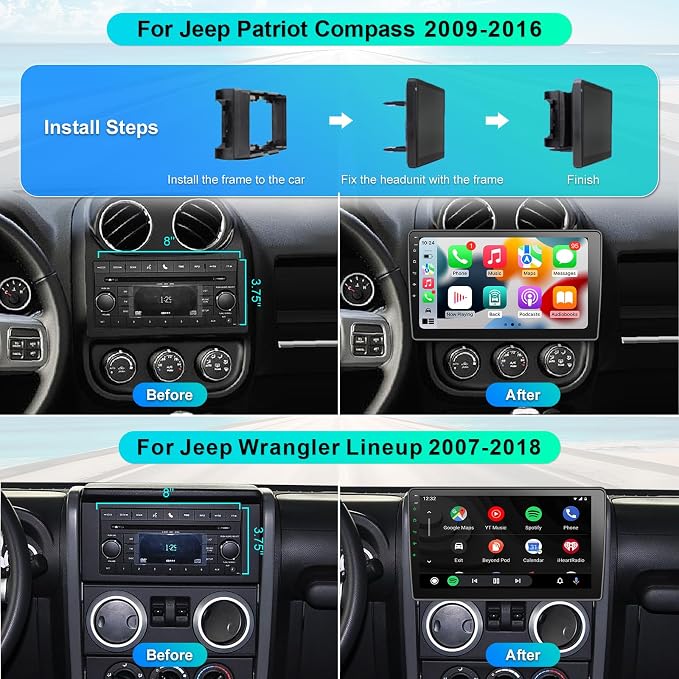 8 Core Car Radio Stereo Upgrade Android for Jeep Wrangler JK 2007-2018 with Wireless CarPlay/Android Auto, 10.2 '' Touchscreen Head Unit GPS WiFi AM/FM SWC